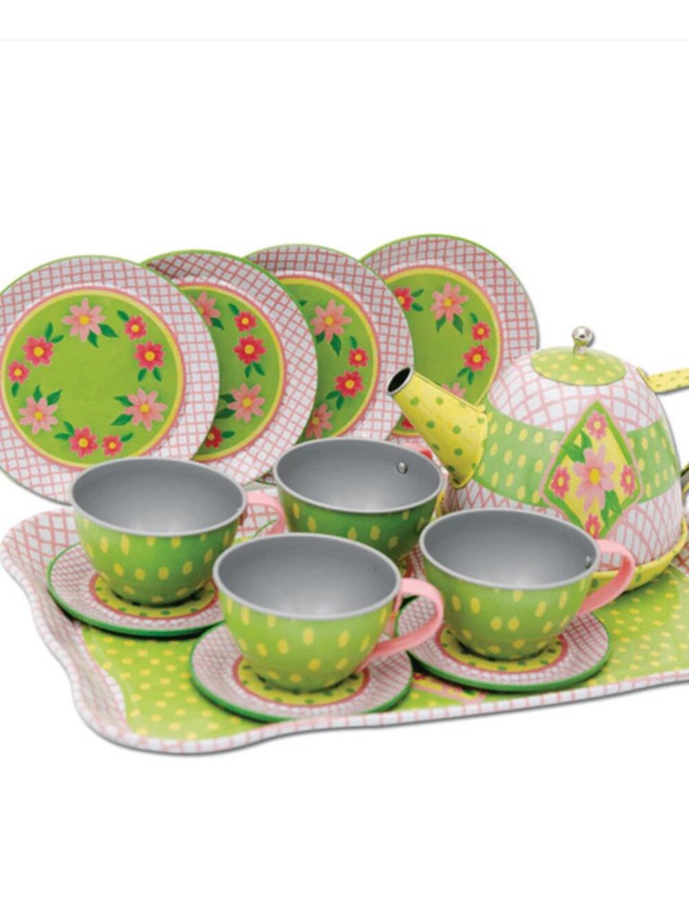 Schylling 15 Pieces Children's Tin Tea Set New carring case box green floral tin